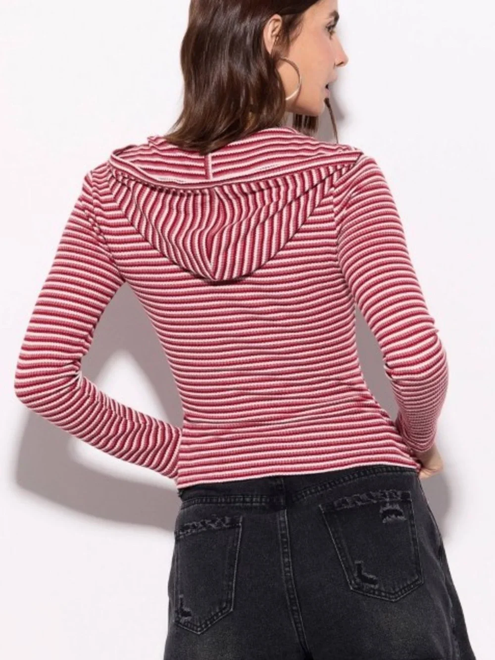 Wild Fable Striped Red Long-Sleeve Hooded Henley Top - Picture 2 of 7